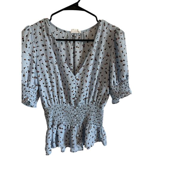 Sienna Sky Women's Medium Blue Floral Short Sleeve V-Neck Peplum Shaping Blouse - Picture 4 of 9